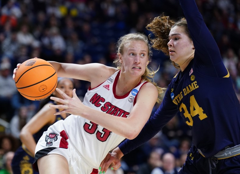 Mar 26, 2022; Bridgeport, CT, USA; NC State Wolfpack center Elissa Cunane (33) drives the ball against Notre Dame Fighting Irish forward Maddy Westbeld (34) in the first half at Webster Bank Arena. Mandatory Credit: David Butler II-USA TODAY Sports