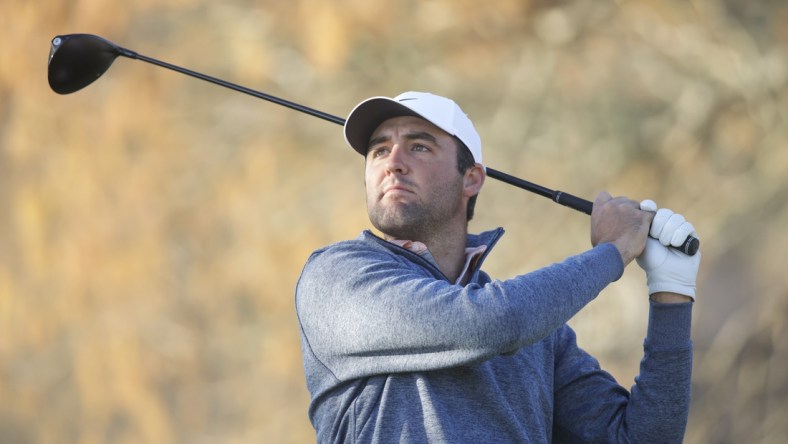 Mar 26, 2022; Austin, Texas, USA; Scottie Scheffler tees off on the 6th hole during the fourth round of the World Golf Championships-Dell Technologies Match Play golf tournament. Mandatory Credit: Erich Schlegel-USA TODAY Sports