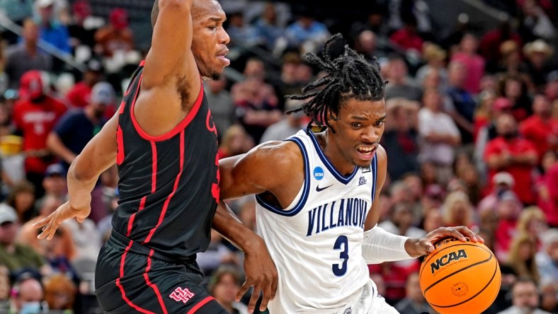 Mar 26, 2022; San Antonio, TX, USA; Villanova Wildcats forward Brandon Slater (3) drives to the basket against Houston Cougars forward Fabian White Jr. (35) during the second half in the finals of the South regional of the men's college basketball NCAA Tournament at AT&T Center. Mandatory Credit: Daniel Dunn-USA TODAY Sports