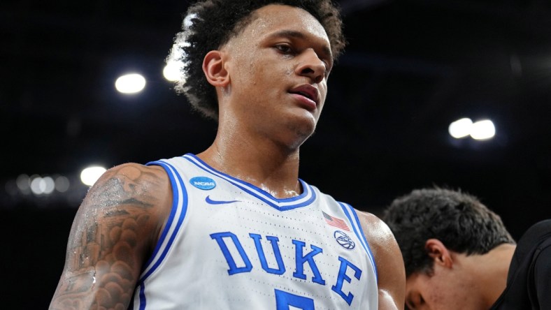 Mar 26, 2022; San Francisco, CA, USA; Duke Blue Devils forward Paolo Banchero (5) walks on the court during a break in play against the Arkansas Razorbacks during the first half in the finals of the West regional of the men's college basketball NCAA Tournament at Chase Center. Mandatory Credit: Kelley L Cox-USA TODAY Sports