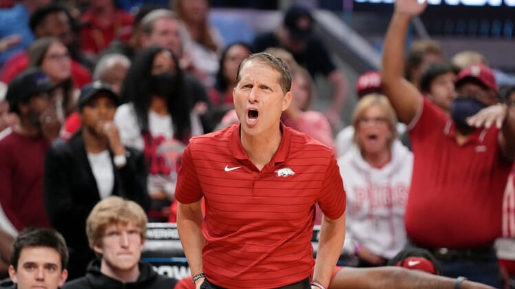 Mar 26, 2022; San Francisco, CA, USA; Arkansas Razorbacks head coach Eric Musselman reacts after a play against the Duke Blue Devils during the second half in the finals of the West regional of the men's college basketball NCAA Tournament at Chase Center. Mandatory Credit: Kyle Terada-USA TODAY Sports