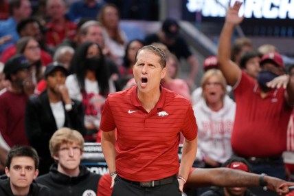 Mar 26, 2022; San Francisco, CA, USA; Arkansas Razorbacks head coach Eric Musselman reacts after a play against the Duke Blue Devils during the second half in the finals of the West regional of the men's college basketball NCAA Tournament at Chase Center. Mandatory Credit: Kyle Terada-USA TODAY Sports