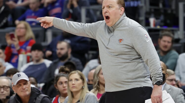 Mar 27, 2022; Detroit, Michigan, USA;  New York Knicks head coach Tom Thibodeau reacts during the second half against the Detroit Pistons at Little Caesars Arena. Mandatory Credit: Rick Osentoski-USA TODAY Sports
