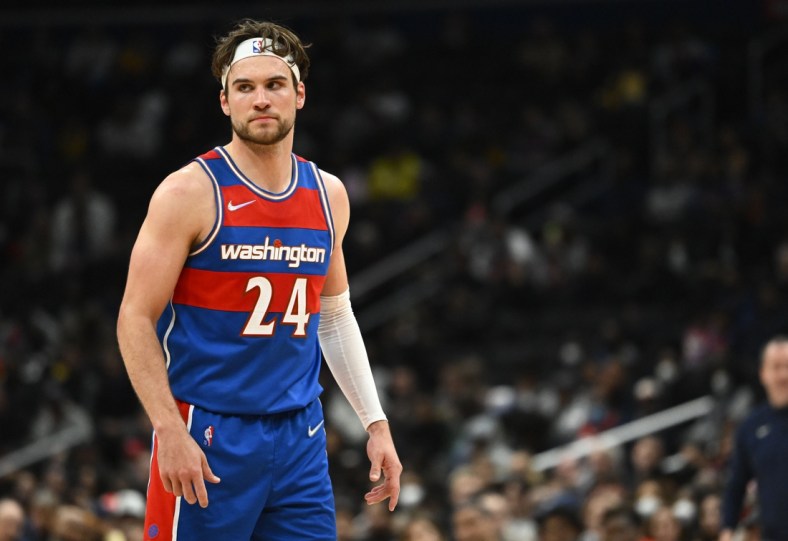 Mar 27, 2022; Washington, District of Columbia, USA; Washington Wizards forward Corey Kispert (24) looks on against the Golden State Warriors during the second half at Capital One Arena. Mandatory Credit: Brad Mills-USA TODAY Sports