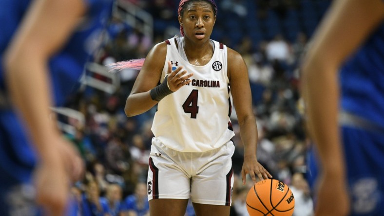 Mar 27, 2022; Greensboro, NC, USA; South Carolina Gamecocks forward Aliyah Boston (4) looks underneath against the Creighton Bluejays in the third quarter in the Greensboro regional finals of the women's college basketball NCAA Tournament at Greensboro Coliseum. Mandatory Credit: William Howard-USA TODAY Sports