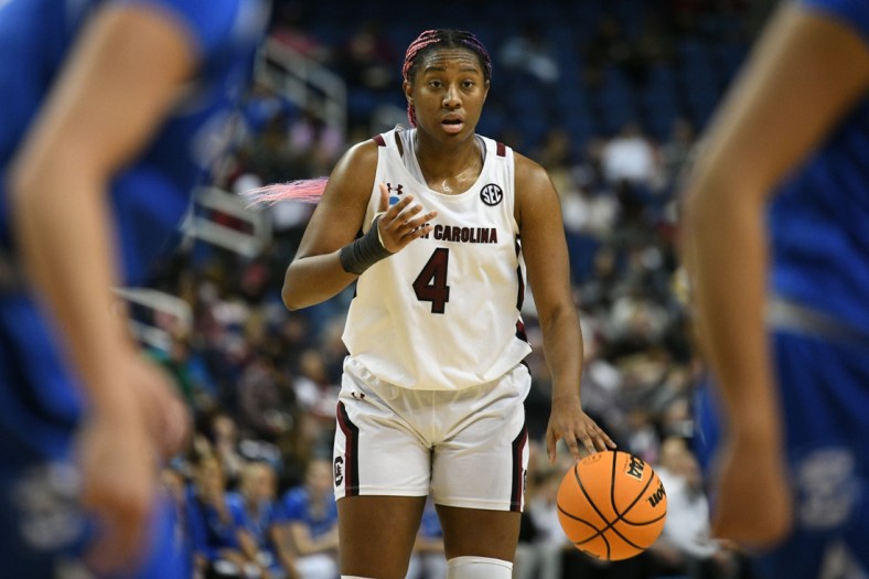 Mar 27, 2022; Greensboro, NC, USA; South Carolina Gamecocks forward Aliyah Boston (4) looks underneath against the Creighton Bluejays in the third quarter in the Greensboro regional finals of the women's college basketball NCAA Tournament at Greensboro Coliseum. Mandatory Credit: William Howard-USA TODAY Sports