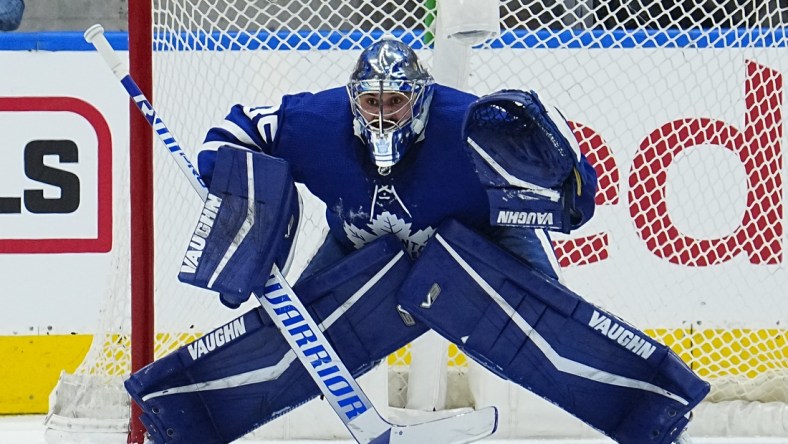 Mar 27, 2022; Toronto, Ontario, CAN; Toronto Maple Leafs goaltender Petr Mrazek (35) defends the net against the Florida Panthers during the third period at Scotiabank Arena. Mandatory Credit: John E. Sokolowski-USA TODAY Sports