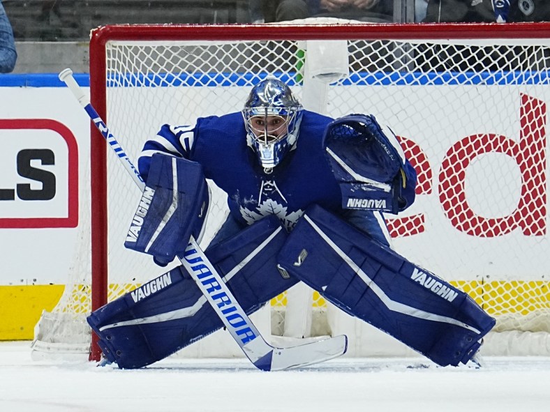 Mar 27, 2022; Toronto, Ontario, CAN; Toronto Maple Leafs goaltender Petr Mrazek (35) defends the net against the Florida Panthers during the third period at Scotiabank Arena. Mandatory Credit: John E. Sokolowski-USA TODAY Sports