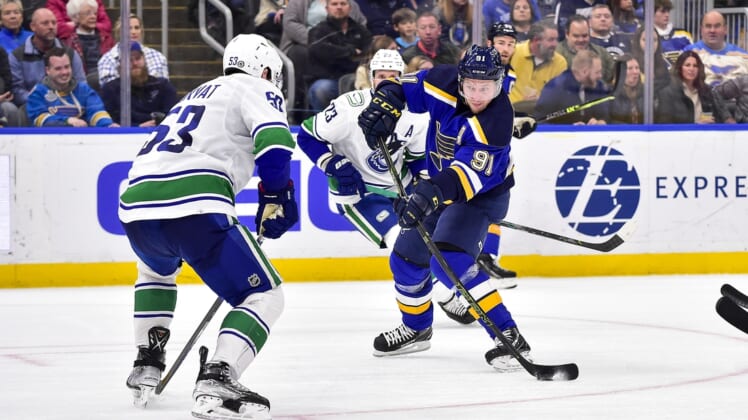 Mar 28, 2022; St. Louis, Missouri, USA;  St. Louis Blues right wing Vladimir Tarasenko (91) shoots against the Vancouver Canucks during the second period at Enterprise Center. Mandatory Credit: Jeff Curry-USA TODAY Sports