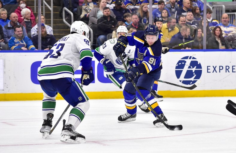 Mar 28, 2022; St. Louis, Missouri, USA;  St. Louis Blues right wing Vladimir Tarasenko (91) shoots against the Vancouver Canucks during the second period at Enterprise Center. Mandatory Credit: Jeff Curry-USA TODAY Sports