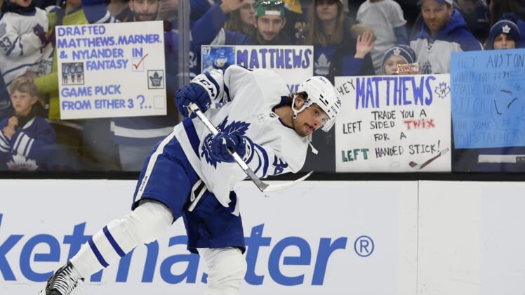 Mar 29, 2022; Boston, Massachusetts, USA; Toronto Maple Leafs center Auston Matthews (34) warms up in front of Maple Leaf fans before their game against the Boston Bruins at TD Garden. Mandatory Credit: Winslow Townson-USA TODAY Sports