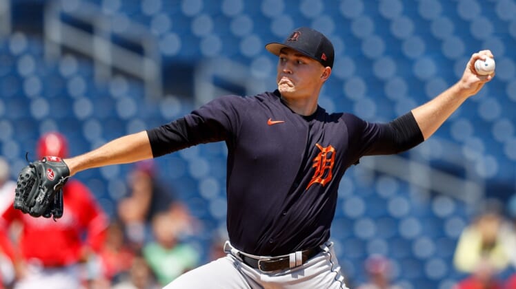 Mar 30, 2022; Clearwater, Florida, USA; Detroit Tigers starting pitcher Tarik Skubal (29) throws a pitch against the Philadelphia Phillies in the first inning during spring training at BayCare Ballpark. Mandatory Credit: Nathan Ray Seebeck-USA TODAY Sports