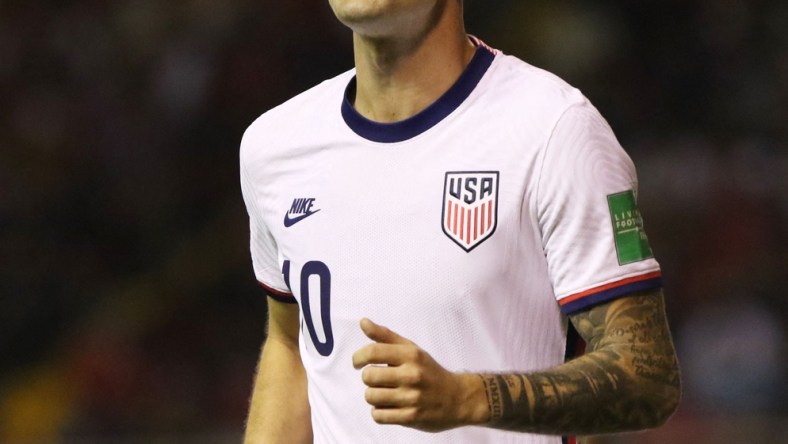 Mar 30, 2022; San Jose, Costa Rica; (EDITORS NOTE: Photo is for use by U.S. and Canadian Customers Only) Christian Pulisic of the U.S. reacts during the first half against Costa Rica at Estadio Nacional. Mandatory Credit: Mayela Lopez/Reuters via USA TODAY Sports