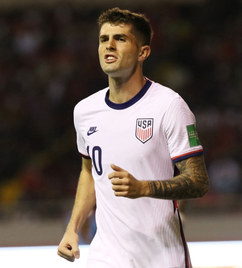 Mar 30, 2022; San Jose, Costa Rica; (EDITORS NOTE: Photo is for use by U.S. and Canadian Customers Only) Christian Pulisic of the U.S. reacts during the first half against Costa Rica at Estadio Nacional. Mandatory Credit: Mayela Lopez/Reuters via USA TODAY Sports