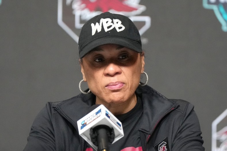 Mar 31, 2022; Minneapolis, MN, USA;  South Carolina Gamecocks coach Dawn Staley during NCAA women's Final Four press conference at Target Center. Mandatory Credit: Kirby Lee-USA TODAY Sports