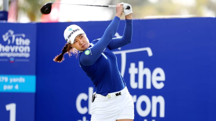 Minjee Lee tees off on the first tee at the Dinah Shore Tournament Course during round one at the Chevron Championship at Mission Hills Country Club in Rancho Mirage, Calif., on Thursday, March 31, 2022.Chevron Championship Round One694