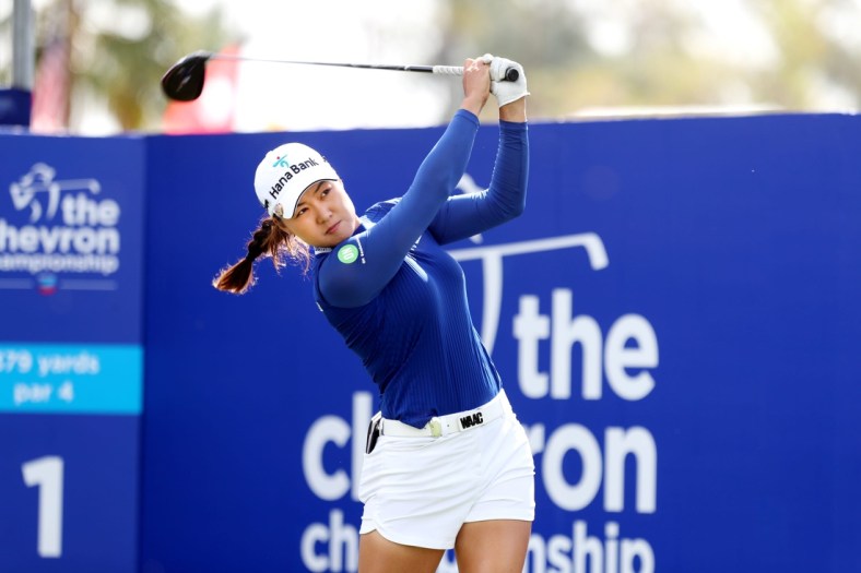 Minjee Lee tees off on the first tee at the Dinah Shore Tournament Course during round one at the Chevron Championship at Mission Hills Country Club in Rancho Mirage, Calif., on Thursday, March 31, 2022.

Chevron Championship Round One694