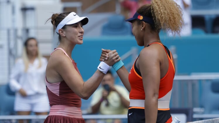 Mar 31, 2022; Miami Gardens, FL, USA; Naomi Osaka (JPN)(R) shakes hands with Belinda Bencic (SUI)(L) after their women's singles semifinal in the Miami Open at Hard Rock Stadium. Mandatory Credit: Geoff Burke-USA TODAY Sports