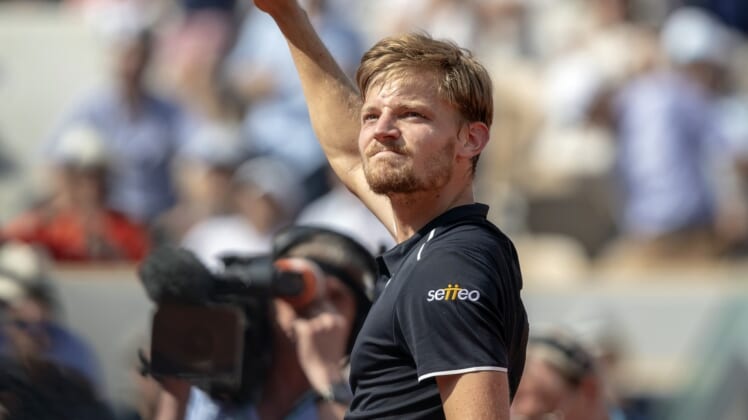Jun 2, 2018, Paris, France: David Goffin (BEL) celebrates match point during his match against Gael Monfils (FRA) on day seven of the 2018 French Open at Roland Garros.  Mandatory Credit: Susan Mullane-USA TODAY Sports