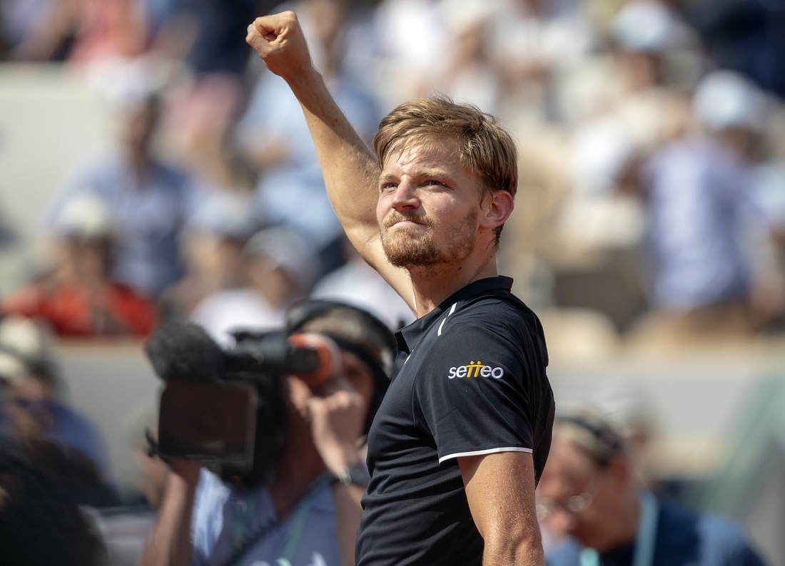 Jun 2, 2018, Paris, France: David Goffin (BEL) celebrates match point during his match against Gael Monfils (FRA) on day seven of the 2018 French Open at Roland Garros.  Mandatory Credit: Susan Mullane-USA TODAY Sports