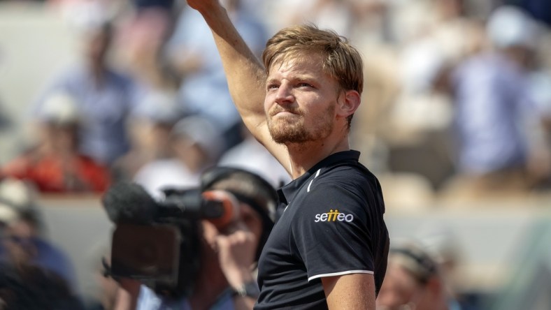 Jun 2, 2018, Paris, France: David Goffin (BEL) celebrates match point during his match against Gael Monfils (FRA) on day seven of the 2018 French Open at Roland Garros.  Mandatory Credit: Susan Mullane-USA TODAY Sports