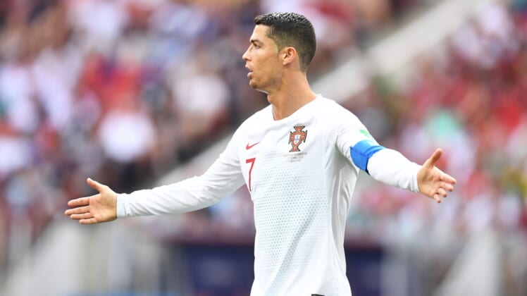 Jun 20, 2018; Moscow, Russia; Portugal forward Cristiano Ronaldo (7) reacts in Group D play during the FIFA World Cup 2018 at Spartak Stadium. Mandatory Credit: Tim Groothuis/Witters Sport via USA TODAY Sports