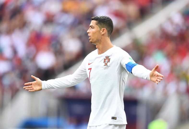 Jun 20, 2018; Moscow, Russia; Portugal forward Cristiano Ronaldo (7) reacts in Group D play during the FIFA World Cup 2018 at Spartak Stadium. Mandatory Credit: Tim Groothuis/Witters Sport via USA TODAY Sports