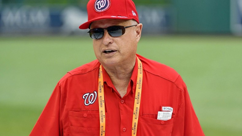 Jul 16, 2018; Washington, DC, USA; Washington Nationals owner Mark Lerner during workouts in preparation for the 2018 MLB All Star Game at Nationals Ballpark. Mandatory Credit: Brad Mills-USA TODAY Sports