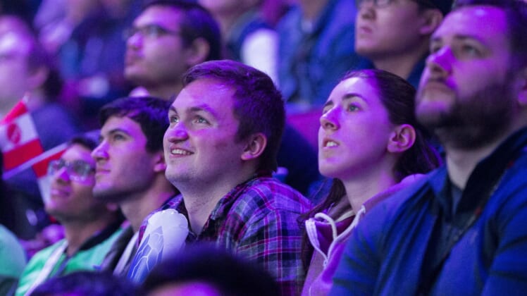 Aug 25, 2018; Vancouver, British Columbia, CAN; Fans watch as Team Evil Geniuses  plays Team LGD in the lower bracket final of the International Dota 2 Championships at Rogers Arena in Vancouver.  The championships are eSports largest annual tournament with approximately $25 million U.S. in prize money to be awarded.  Dota 2 is a free 10-player online video game with two teams of players from all over the world competing against one another in each game. Mandatory Credit: Bob Frid-USA TODAY Sports
