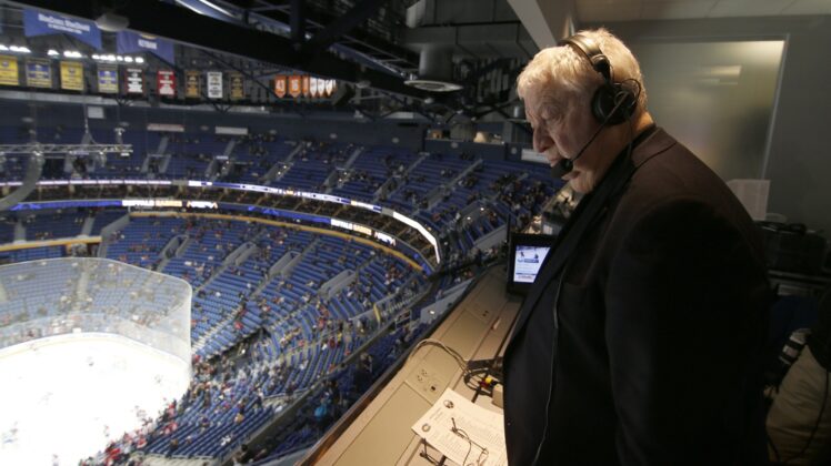 Nov 23, 2018; Buffalo, NY, USA; Buffalo Sabres play by play announcer Rick Jeanneret in the TV booth before announcing a game against the Montreal Canadiens at KeyBank Center. Mandatory Credit: Timothy T. Ludwig-USA TODAY Sports