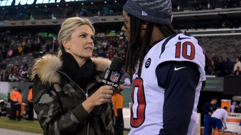 Dec 15, 2018; East Rutherford, NJ, USA; NFL network broadcaster Melissa Stark interviews Houston Texans wide receiver DeAndre Hopkins (10) after a game aNew York Jets at MetLife Stadium. The Texans defeated the Jets 29-22. Mandatory Credit: Kirby Lee-USA TODAY Sports