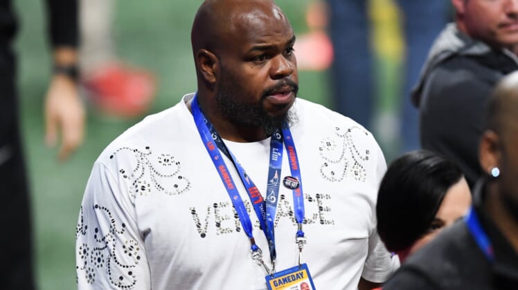 Feb 3, 2019; Atlanta, GA, USA; NFL former player Vince Wilfork walks the sidelines before Super Bowl LIII between the New England Patriots and the Los Angeles Rams at Mercedes-Benz Stadium. Mandatory Credit: Dale Zanine-USA TODAY Sports