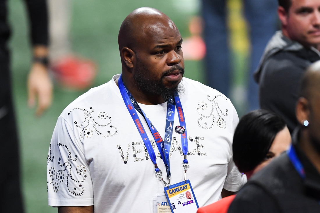 Feb 3, 2019; Atlanta, GA, USA; NFL former player Vince Wilfork walks the sidelines before Super Bowl LIII between the New England Patriots and the Los Angeles Rams at Mercedes-Benz Stadium. Mandatory Credit: Dale Zanine-USA TODAY Sports