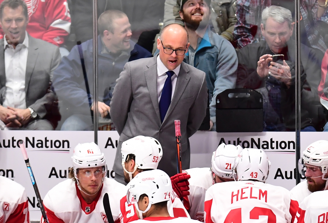 Mar 5, 2019; Denver, CO, USA; Detroit Red Wings head coach Jeff Blashill reacts during the second period against the Colorado Avalanche at the Pepsi Center. Mandatory Credit: Ron Chenoy-USA TODAY Sports