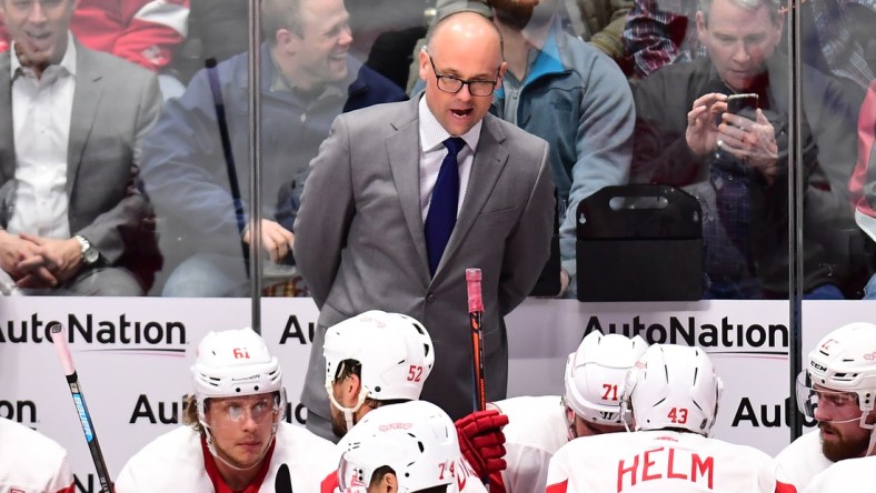 Mar 5, 2019; Denver, CO, USA; Detroit Red Wings head coach Jeff Blashill reacts during the second period against the Colorado Avalanche at the Pepsi Center. Mandatory Credit: Ron Chenoy-USA TODAY Sports