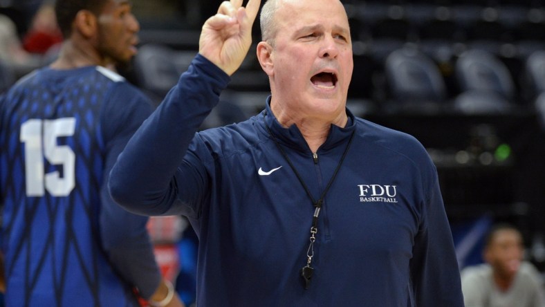 March 20, 2019; Salt Lake City, UT, USA; Fairleigh Dickinson Knights head coach Greg Herenda during practice before the first round of the 2019 NCAA Tournament at Vivint Smart Home Arena. Mandatory Credit: Gary A. Vasquez-USA TODAY Sports