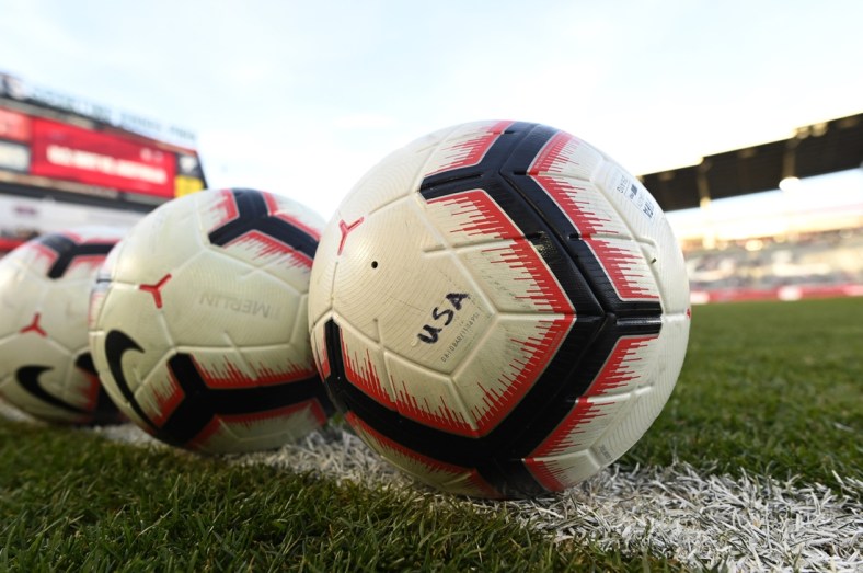 Apr 4, 2019; Commerce City, CO, USA; General view of warm up soccer balls before the International Friendly Women's Soccer match between Australia vs against the United States at Dick's Sporting Goods Park. Mandatory Credit: Ron Chenoy-USA TODAY Sports