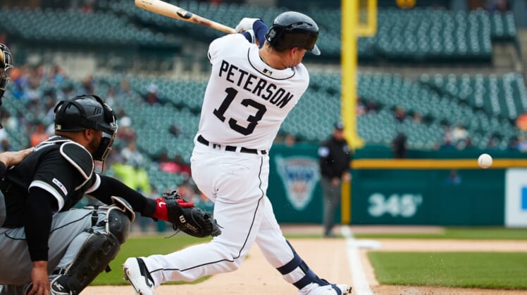 Apr 18, 2019; Detroit, MI, USA; Detroit Tigers right fielder Dustin Peterson (13) at bat against the Chicago White Sox at Comerica Park. Mandatory Credit: Rick Osentoski-USA TODAY Sports