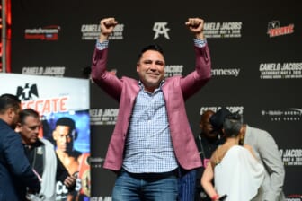 May 3, 2019; Las Vegas, NV, USA; Former boxing champion and promoter Oscar De La Hoya during weigh ins for the middleweight championship boxing match between Canelo Alvarez (not pictured) and Daniel Jacobs (not pictured) at T-Mobile Arena. Mandatory Credit: Joe Camporeale-USA TODAY Sports