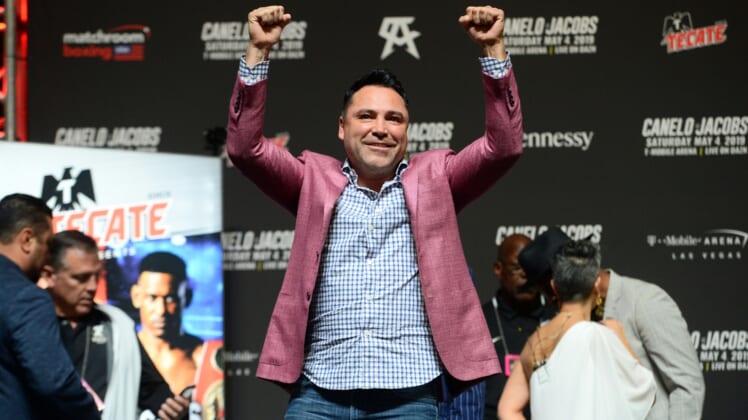May 3, 2019; Las Vegas, NV, USA; Former boxing champion and promoter Oscar De La Hoya during weigh ins for the middleweight championship boxing match between Canelo Alvarez (not pictured) and Daniel Jacobs (not pictured) at T-Mobile Arena. Mandatory Credit: Joe Camporeale-USA TODAY Sports