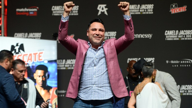 May 3, 2019; Las Vegas, NV, USA; Former boxing champion and promoter Oscar De La Hoya during weigh ins for the middleweight championship boxing match between Canelo Alvarez (not pictured) and Daniel Jacobs (not pictured) at T-Mobile Arena. Mandatory Credit: Joe Camporeale-USA TODAY Sports