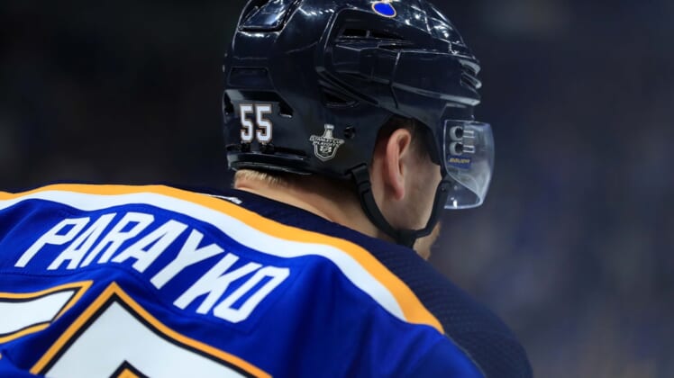 May 17, 2019; St. Louis, MO, USA; A view of the Stanley Cup logo decal on the helmet of St. Louis Blues defenseman Colton Parayko (55) in the game against the San Jose Sharks in the third period during game four of the Western Conference Final of the 2019 Stanley Cup Playoffs at Enterprise Center. Mandatory Credit: Aaron Doster-USA TODAY Sports