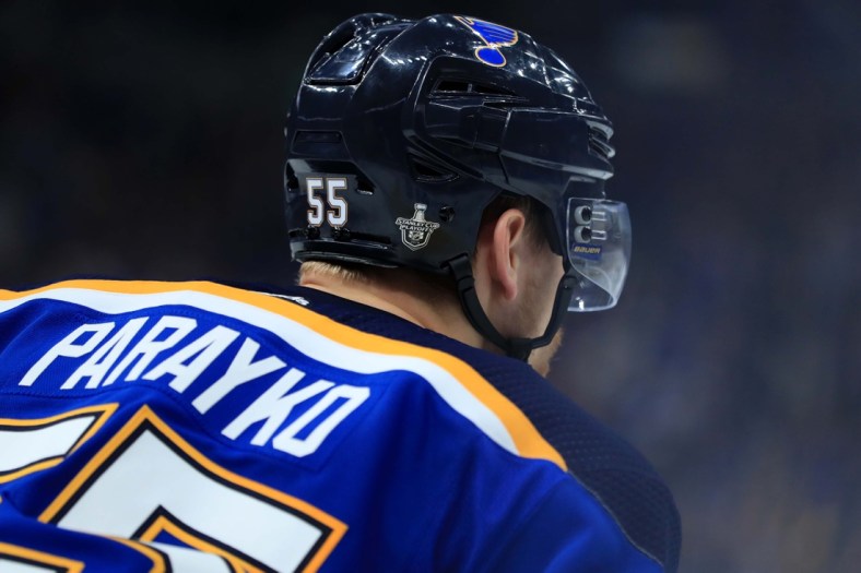 May 17, 2019; St. Louis, MO, USA; A view of the Stanley Cup logo decal on the helmet of St. Louis Blues defenseman Colton Parayko (55) in the game against the San Jose Sharks in the third period during game four of the Western Conference Final of the 2019 Stanley Cup Playoffs at Enterprise Center. Mandatory Credit: Aaron Doster-USA TODAY Sports