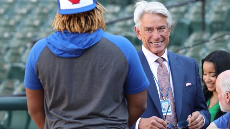 Jun 12, 2019; Baltimore, MD, USA; Toronto Blue Jays broadcaster Buck Martinez talks with third baseman Vladimir Guerrero Jr. (27) prior to the game against the Baltimore Orioles at Oriole Park at Camden Yards. Mandatory Credit: Mitch Stringer-USA TODAY Sports