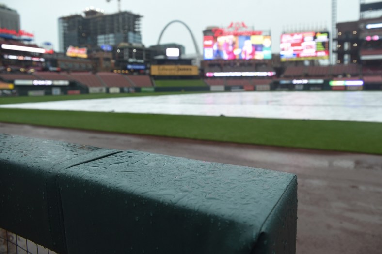 Jun 22, 2019; St. Louis, MO, USA; A general view of Busch Stadium during a rain delay prior to a game between the St. Louis Cardinals and the Los Angeles Angels. Mandatory Credit: Joe Puetz-USA TODAY Sports