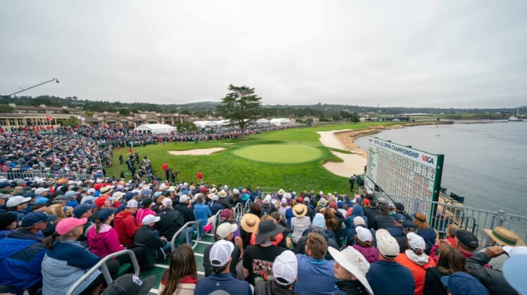Jun 16, 2019; Pebble Beach, CA, USA; General view of the 18th hole during the final round of the 2019 U.S. Open golf tournament at Pebble Beach Golf Links. Mandatory Credit: Kyle Terada-USA TODAY Sports