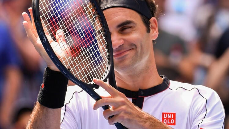 Sept 1, 2019; Flushing, NY, USA;  Roger Federer of Switzerland reacts after beating David Goffin of Belgium in the fourth round on day seven of the 2019 U.S. Open tennis tournament at USTA Billie Jean King National Tennis Center. Mandatory Credit: Robert Deutsch-USA TODAY Sports