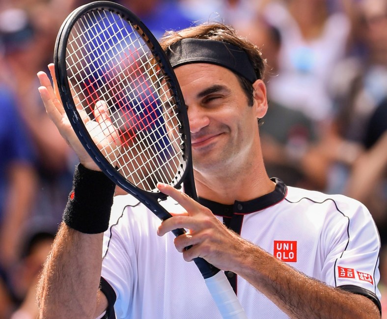 Sept 1, 2019; Flushing, NY, USA;  
Roger Federer of Switzerland reacts after beating David Goffin of Belgium in the fourth round on day seven of the 2019 U.S. Open tennis tournament at USTA Billie Jean King National Tennis Center. Mandatory Credit: Robert Deutsch-USA TODAY Sports