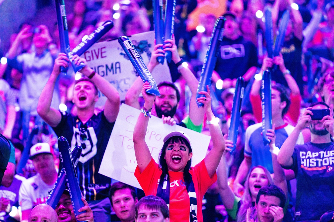 Sep 29, 2019; Philadelphia, PA, USA; Fans react during the Overwatch League Grand Finals e-sports event between the Vancouver Titans and San Francisco Shock at Wells Fargo Center. Mandatory Credit: Bill Streicher-USA TODAY Sports