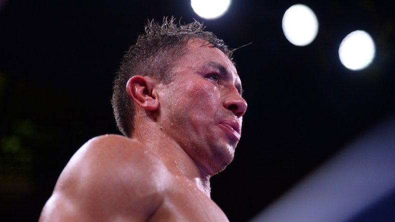 Oct 5, 2019; New York, NY, USA; Gennadiy Golovkin (white trunks) and Sergiy Derevyanchenko (gold trunks) box during the IBF World Middleweight Championship boxing match at Madison Square Garden. Golovkin won via unanimous decision. Mandatory Credit: Joe Camporeale-USA TODAY Sports